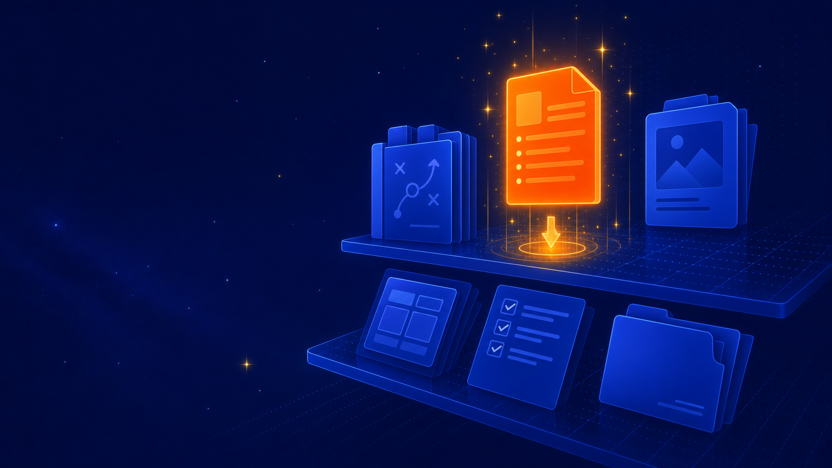 A glowing document downloading from a shelf of resources.