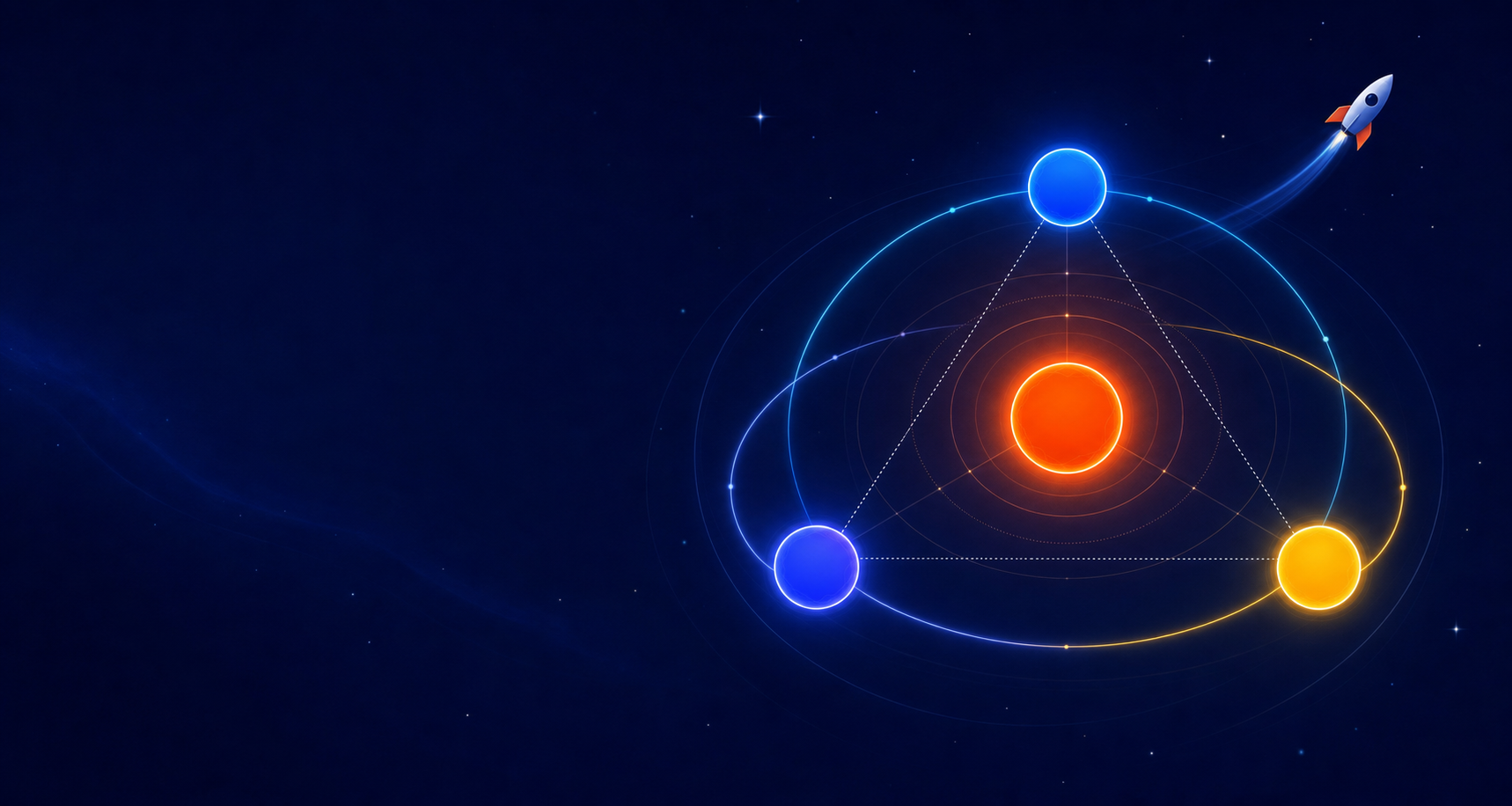 Three co-founders orbiting a shared mission — Rocket Fuel Factory.